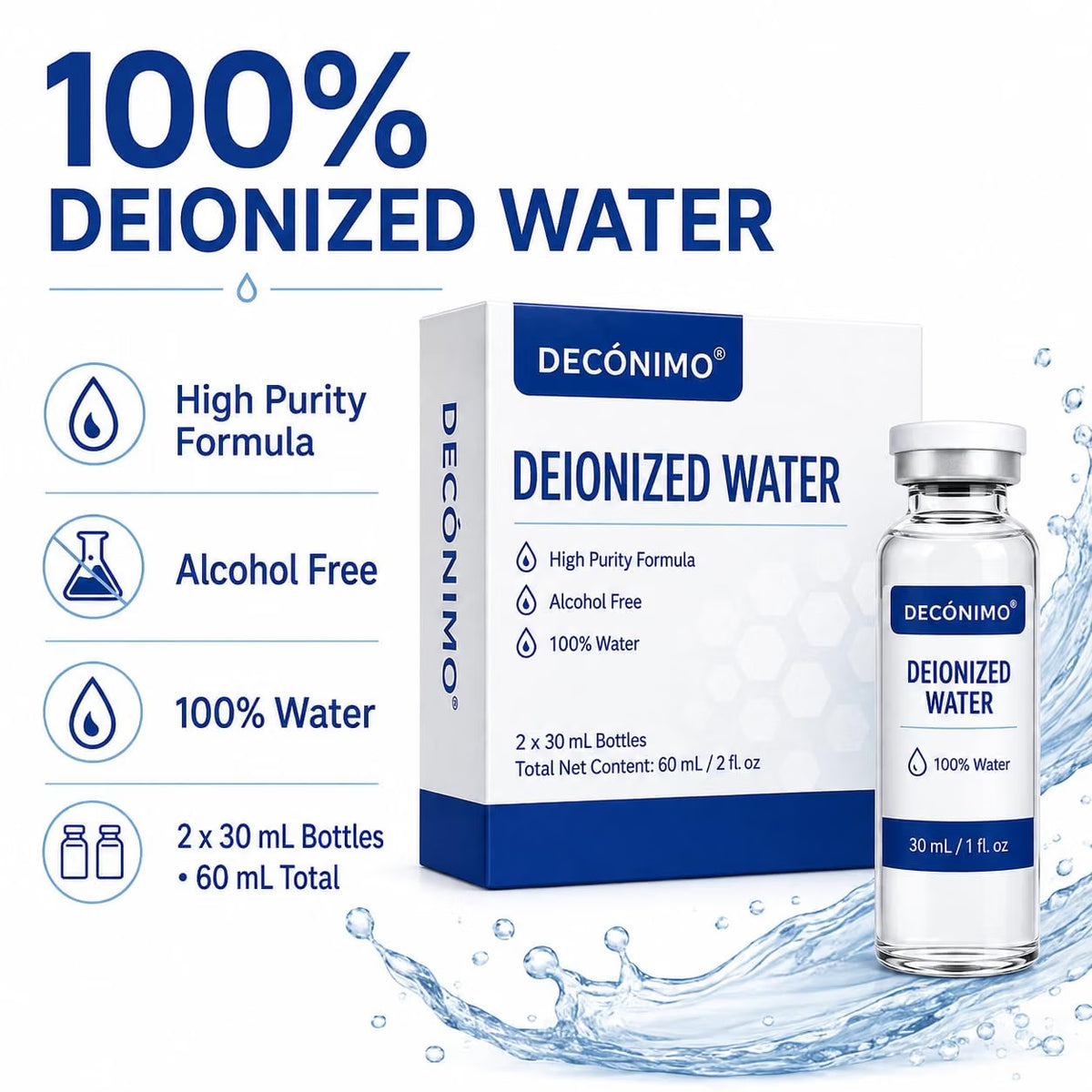 Deionized Water, 2 Pack 30 mL Glass Vials, 100% Pure Alcohol-Free, NOT For Peptide Injections