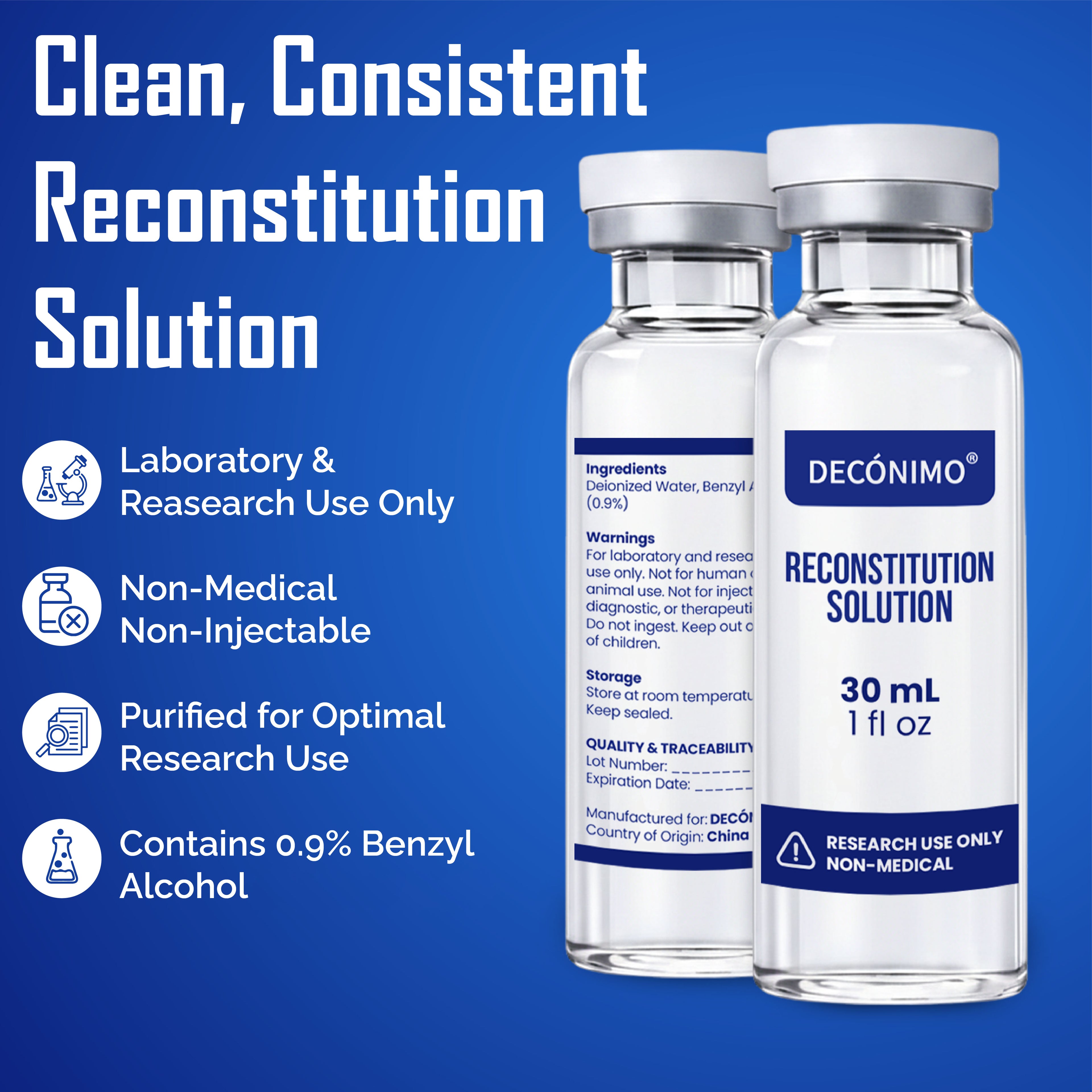 Reconstitution Solution – 2 Pack (30 mL Each) | Deionized Water with 0.9% Benzyl Alcohol | Premium Glass Vials with Secure Flip-Off Caps | Clear and Consistent Formula