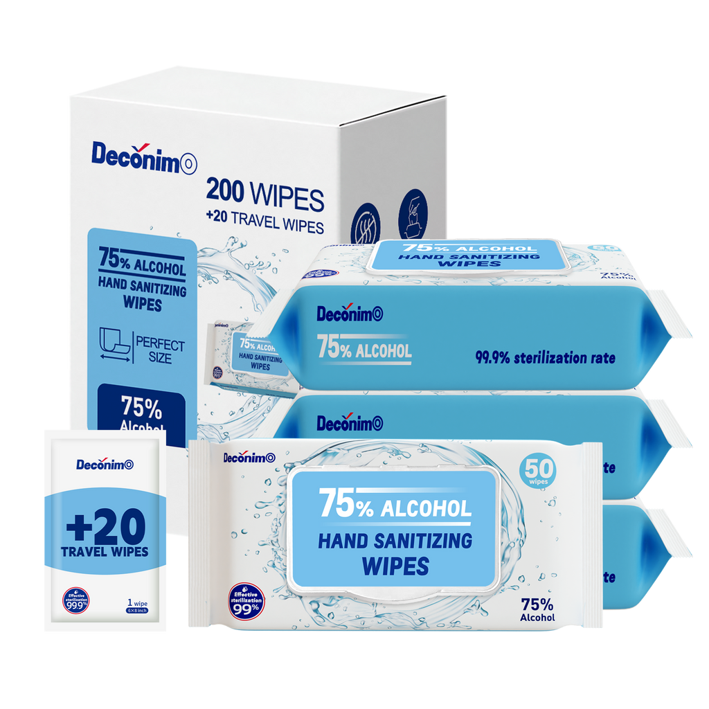 Advanced Large 75% Alcohol Hand Sanitizing Wipes, 4 Packs of 50 (200 count +20 travel wipes) - (Each Wipe Size 6" x 8")
