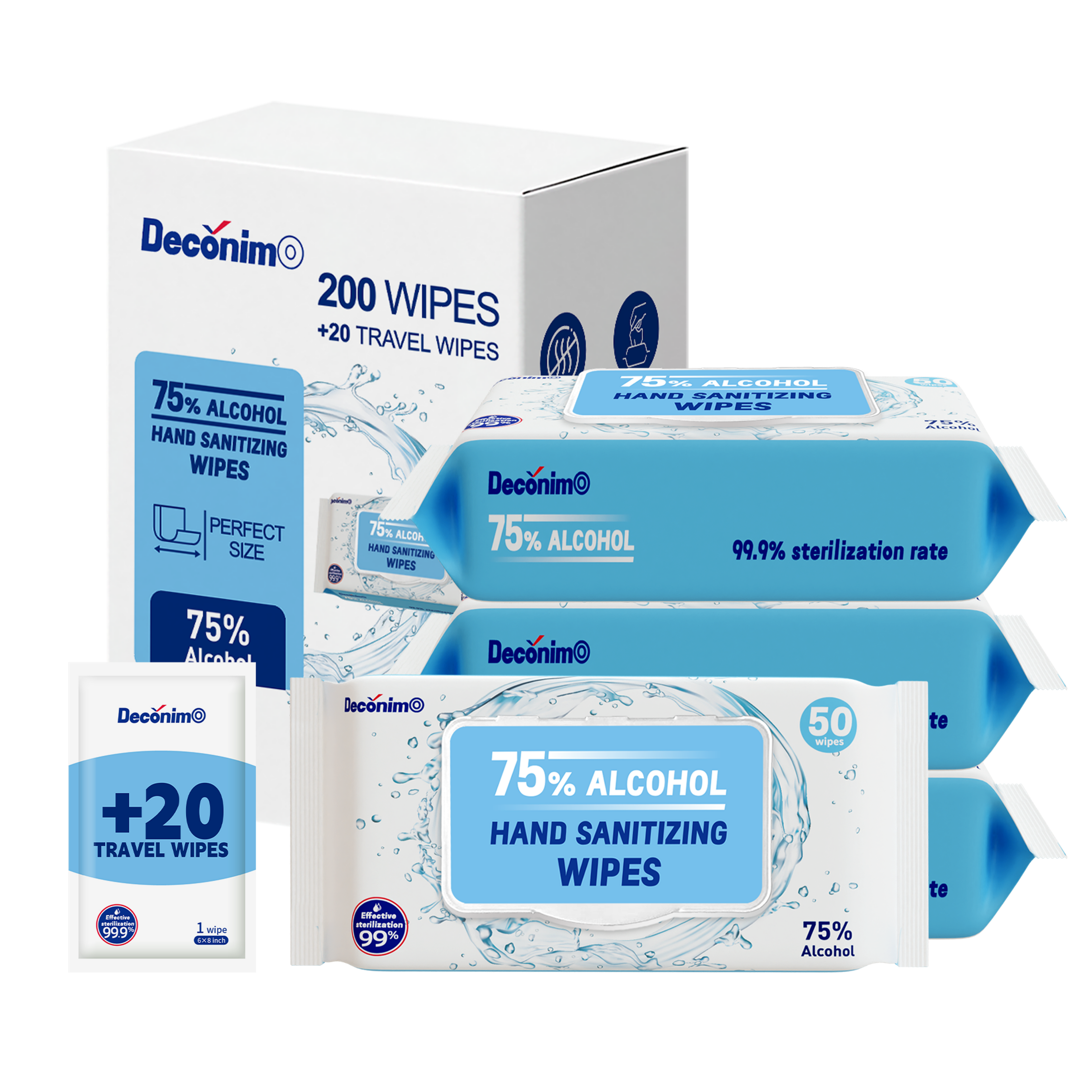 Advanced Large 75% Alcohol Hand Sanitizing Wipes, 4 Packs of 50 (200 count +20 travel wipes) - (Each Wipe Size 6" x 8")