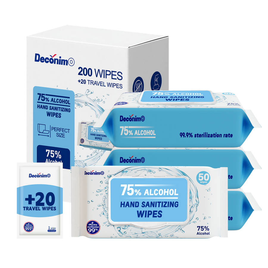 Advanced Large 75% Alcohol Hand Sanitizing Wipes, 4 Packs of 50 (200 count +20 travel wipes) - (Each Wipe Size 6" x 8")